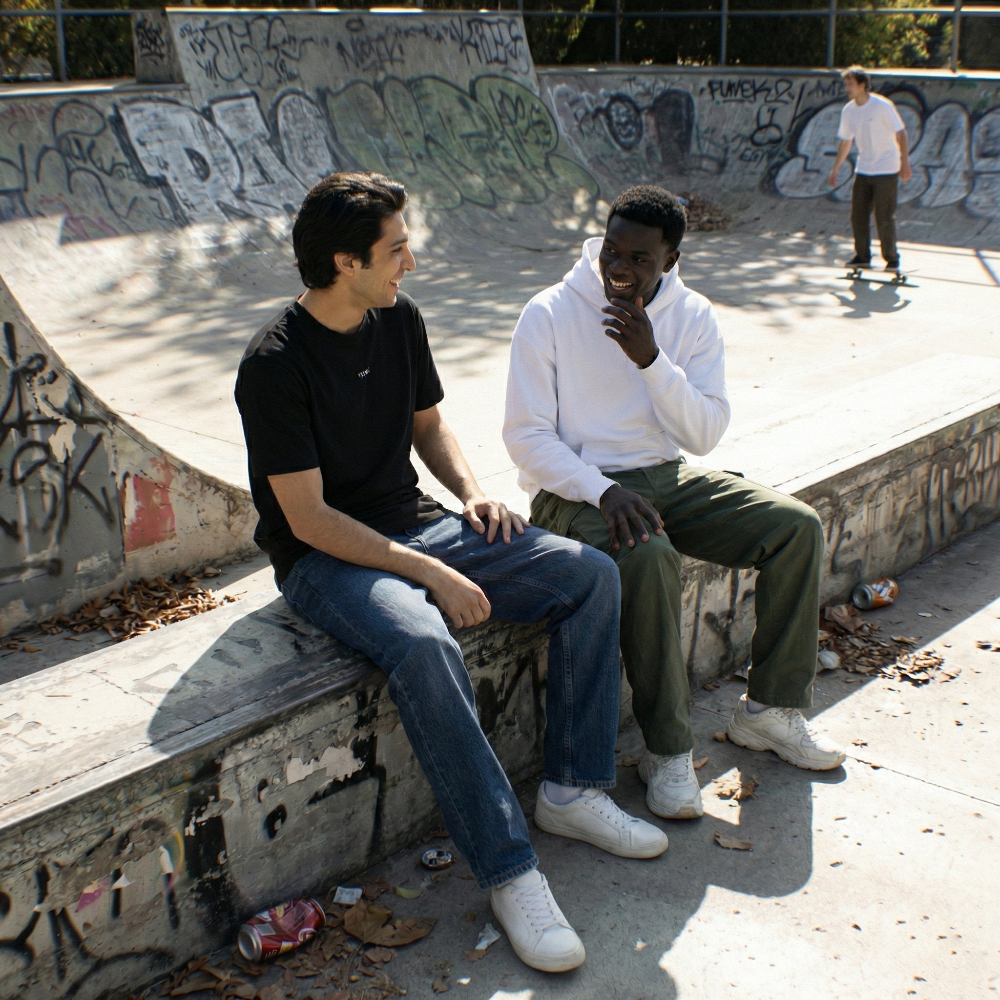 Two men sitting on a concrete ledge at a skate park with graffiti in the background.